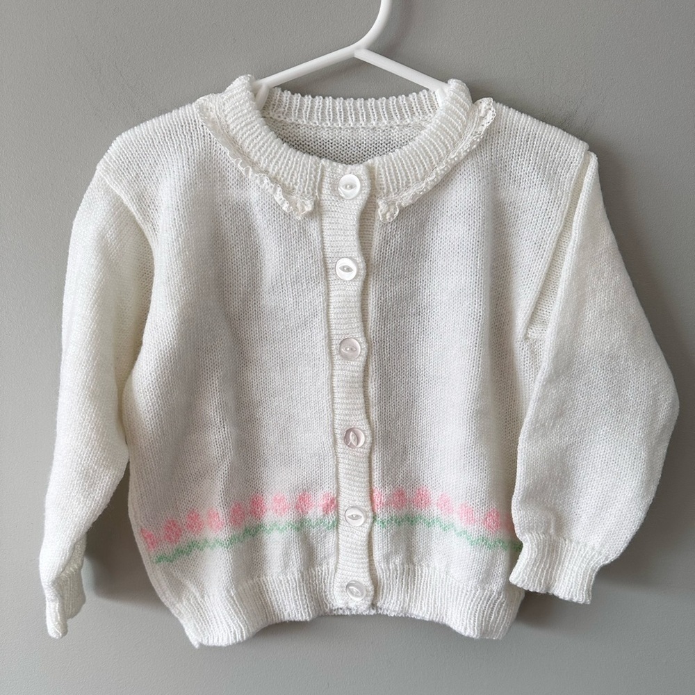 Vintage Baby Knit Cardigan Sweater White Floral Lace 6–12M Cottagecore Easter